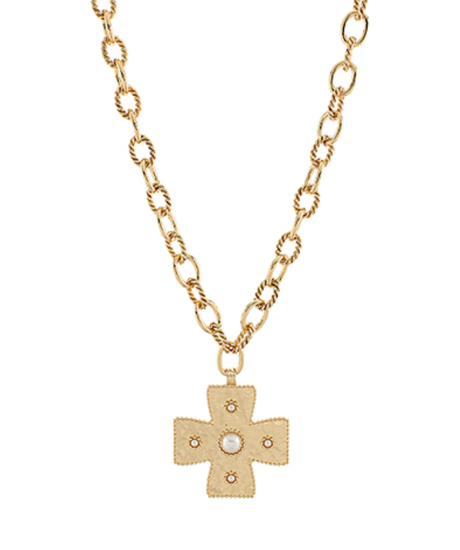 Luxe Cross Pendant Necklace with gold-plated chain and pearl centerpiece, elegant and timeless design.