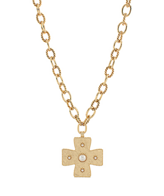 Luxe Cross Pendant Necklace with gold-plated chain and pearl centerpiece, elegant and timeless design.