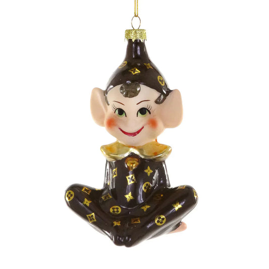 Hand-painted Luxe Elf Ornament featuring a whimsical elf in a black and gold designer-inspired outfit with a gold hanging cord — a glamorous and playful Christmas tree decoration.