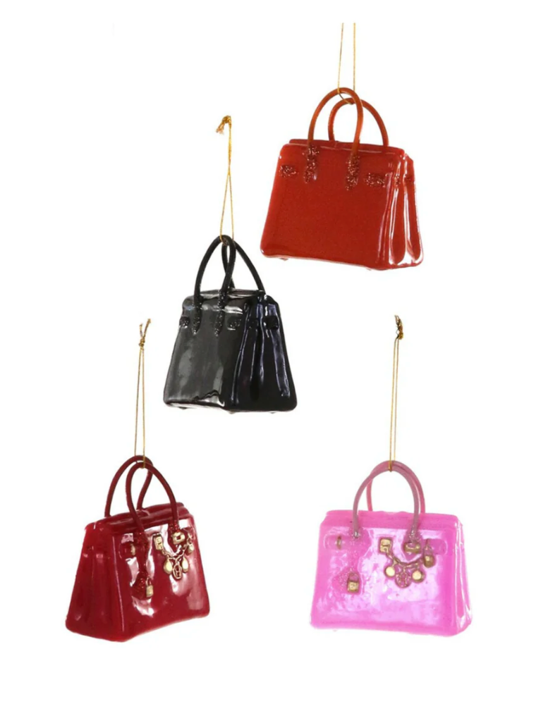 Luxury Bag Ornament featuring four different colors – red, pink, black, and orange – hanging on a golden thread for elegant holiday decor.