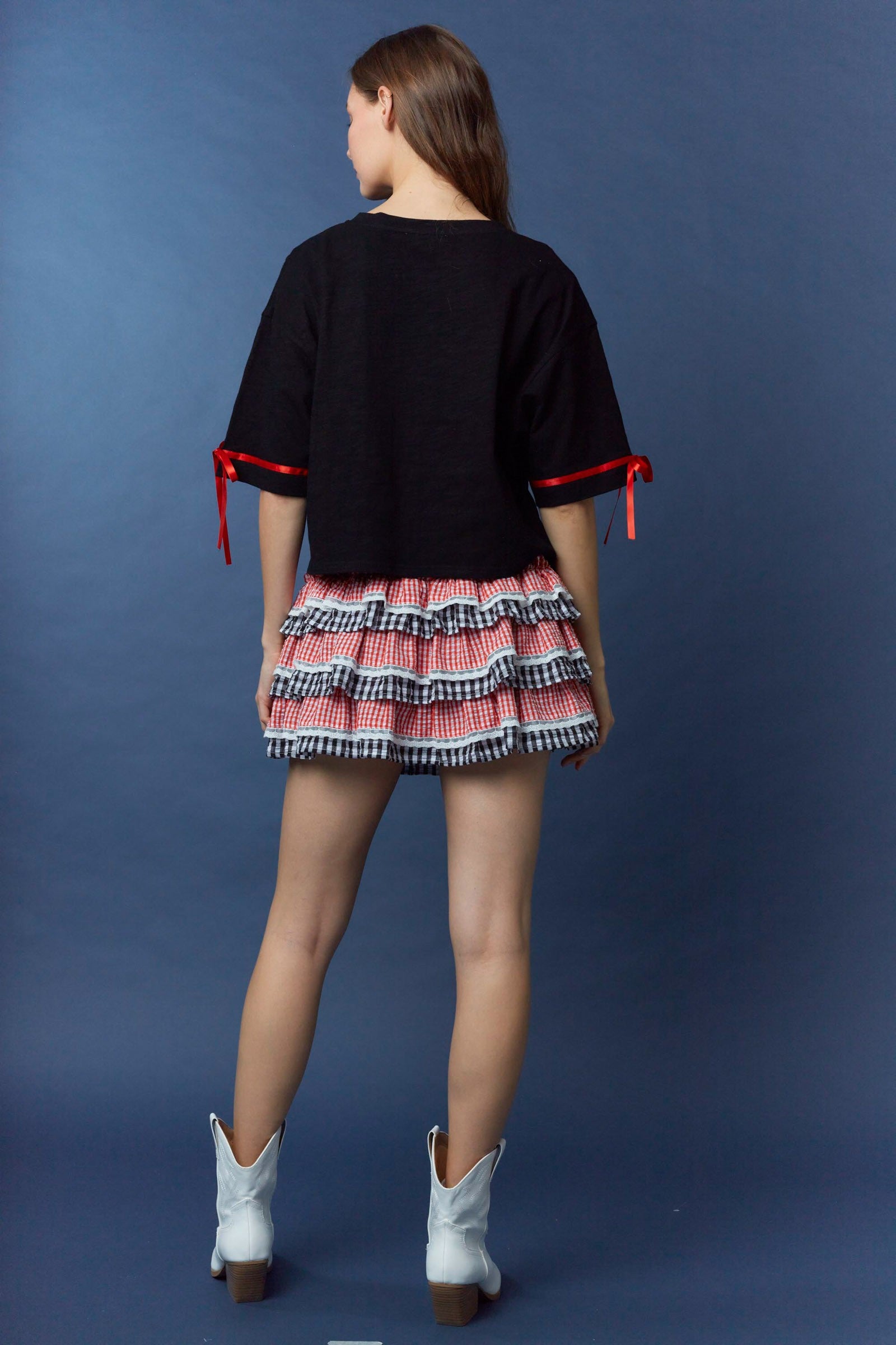 Made for Georgia game day - charming gingham mini skirt with lace trim and flirty tiered layers.