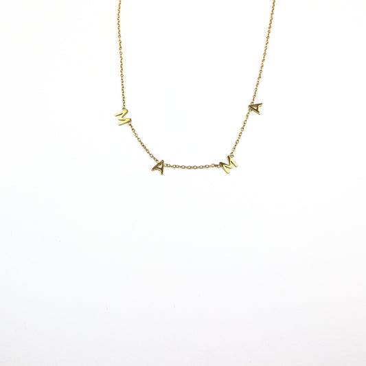 A dainty gold-plated necklace featuring delicate “MAMA” letter charms, perfect for celebrating motherhood with elegance and love.

