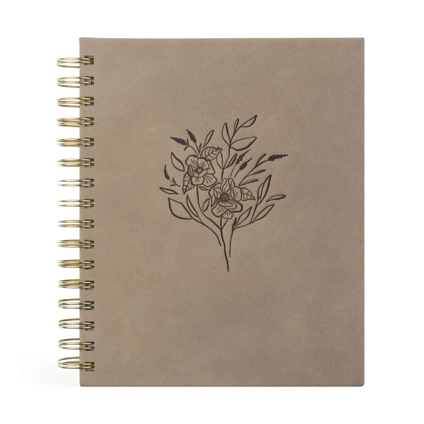 12-Month Undated Planner with taupe vegan leather cover, gold spiral binding, and elegant floral design by Marlo Design.