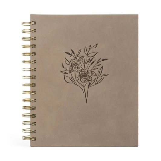 12-Month Undated Planner with taupe vegan leather cover, gold spiral binding, and elegant floral design by Marlo Design.