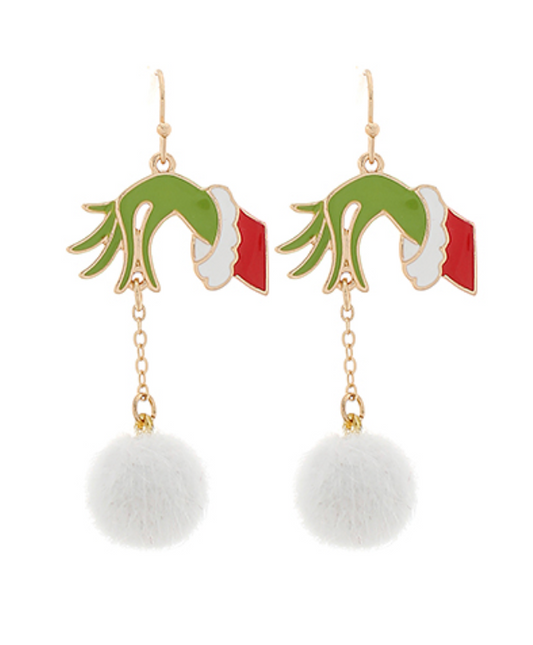 Merry Grinch-mas Earrings featuring a green hand with red Santa sleeve and white pom-pom dangle, perfect for festive holiday style.