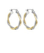 Twisted two-tone hoop earrings featuring intertwined gold and silver strands, designed for a versatile and elegant look