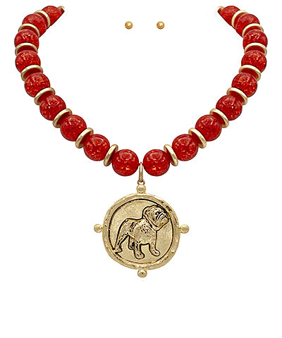 Beaded Georgia Bulldog Pendant Necklace 