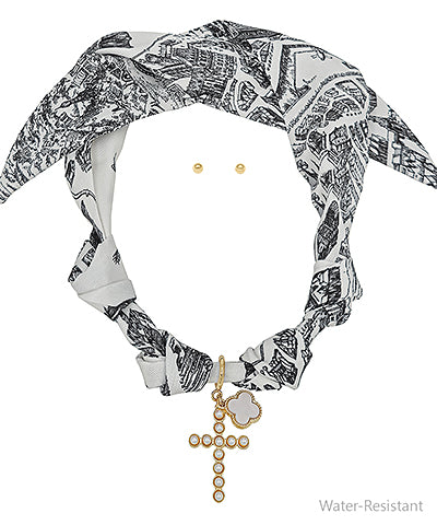 The Isolde Cross & Clover Scarf Necklace Set pairs chic charm details with a soft scarf accent for effortless elegance.