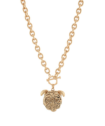 Gold-tone chain necklace with a detailed 3D bulldog face pendant and toggle clasp, displayed on a white background.