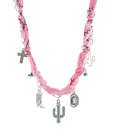 The Rowena Pink Rhodium Western Charm Necklace brings a touch of cowgirl chic with a modern metallic twist.
