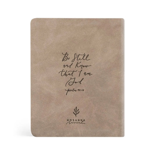 Taupe vegan leather notetaking Bible with engraved floral design on the cover, titled Marlo by Hosanna Revival.