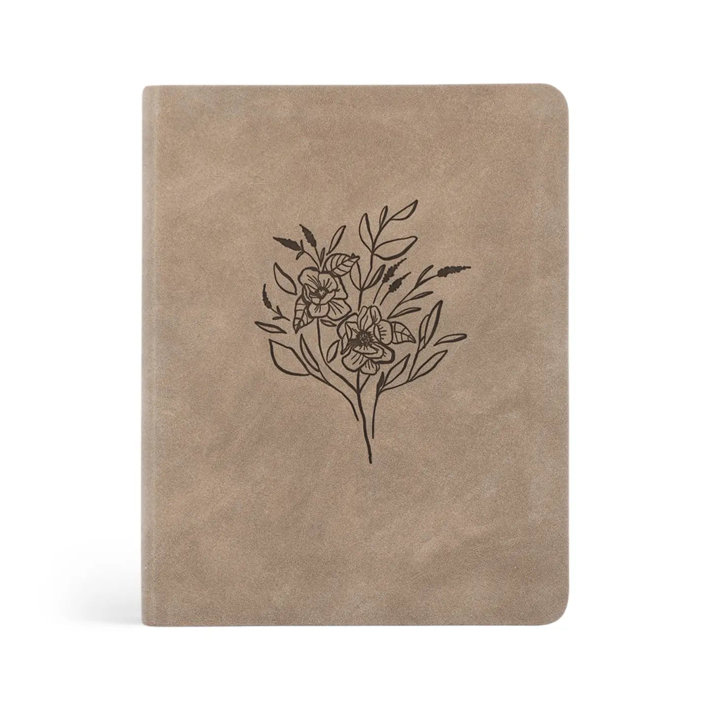 Taupe vegan leather notetaking Bible with engraved floral design on the cover, titled Marlo by Hosanna Revival.