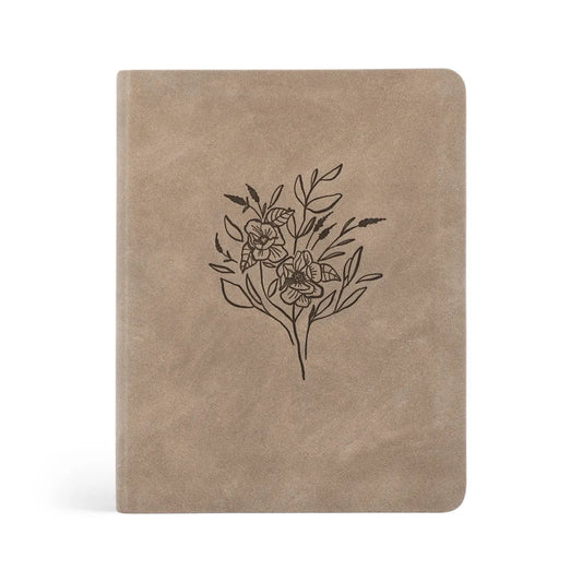 Taupe vegan leather notetaking Bible with engraved floral design on the cover, titled Marlo by Hosanna Revival.