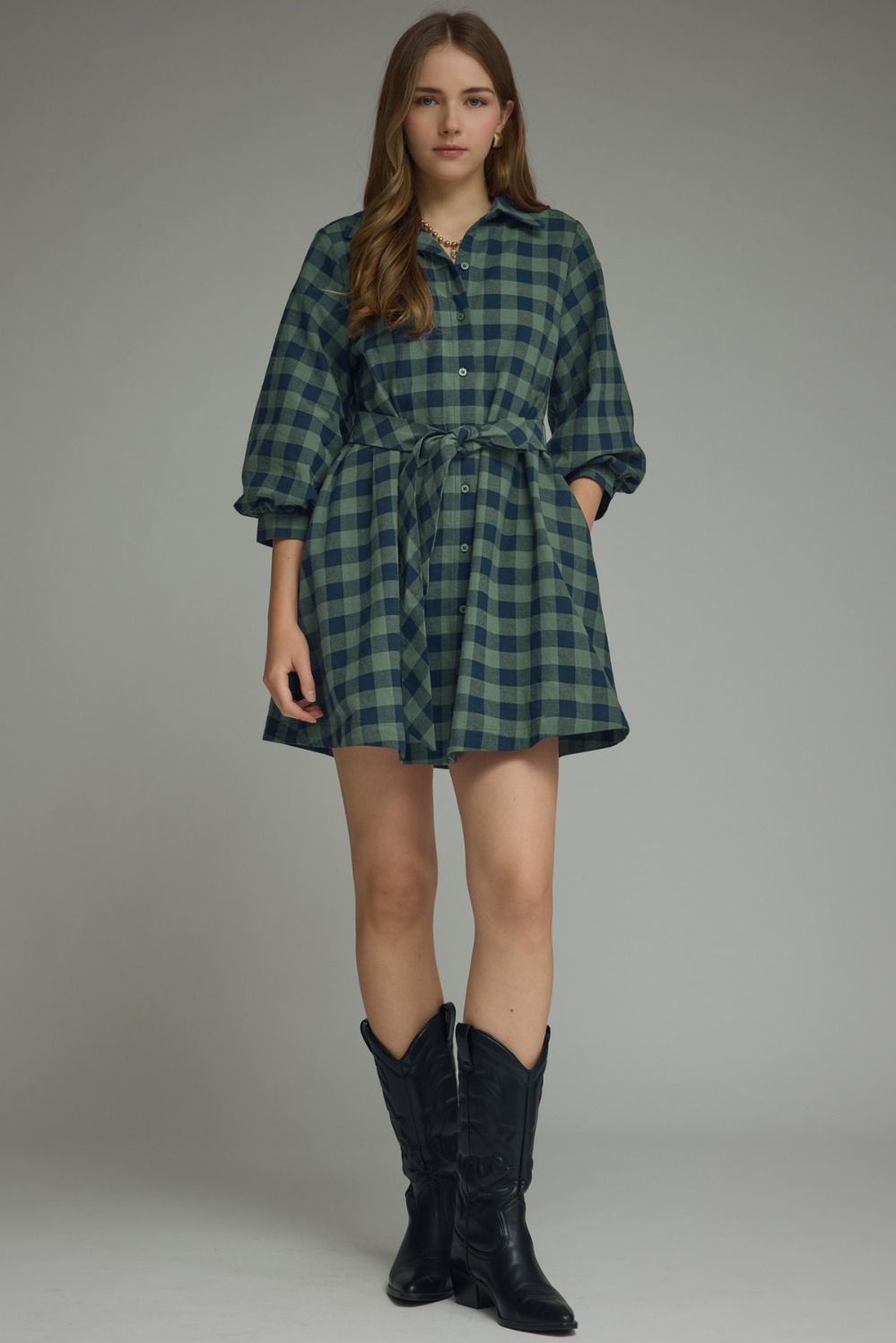 A charming plaid mini dress with puff sleeves, a flattering tie waist, and everyday comfort you'll love.