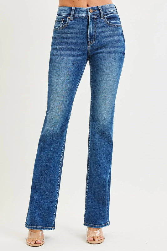 Jackie high-rise flare jeans in medium blue wash, featuring a fitted waist and flared leg silhouette.