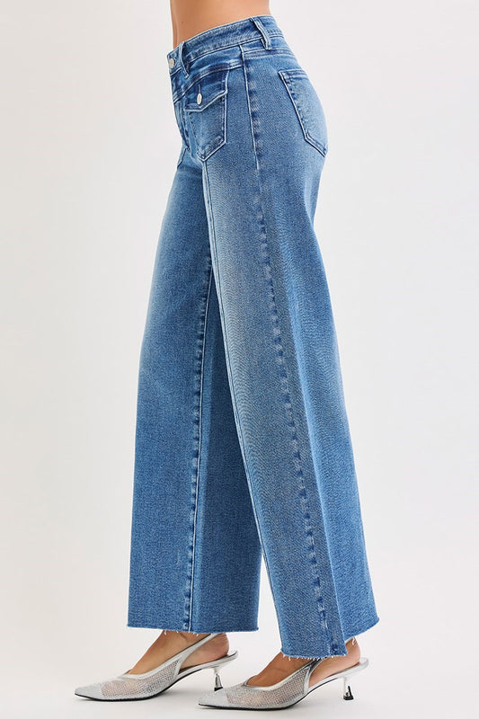 High Rise Ankle Wide Jeans with Front Flap Patch Pocket
