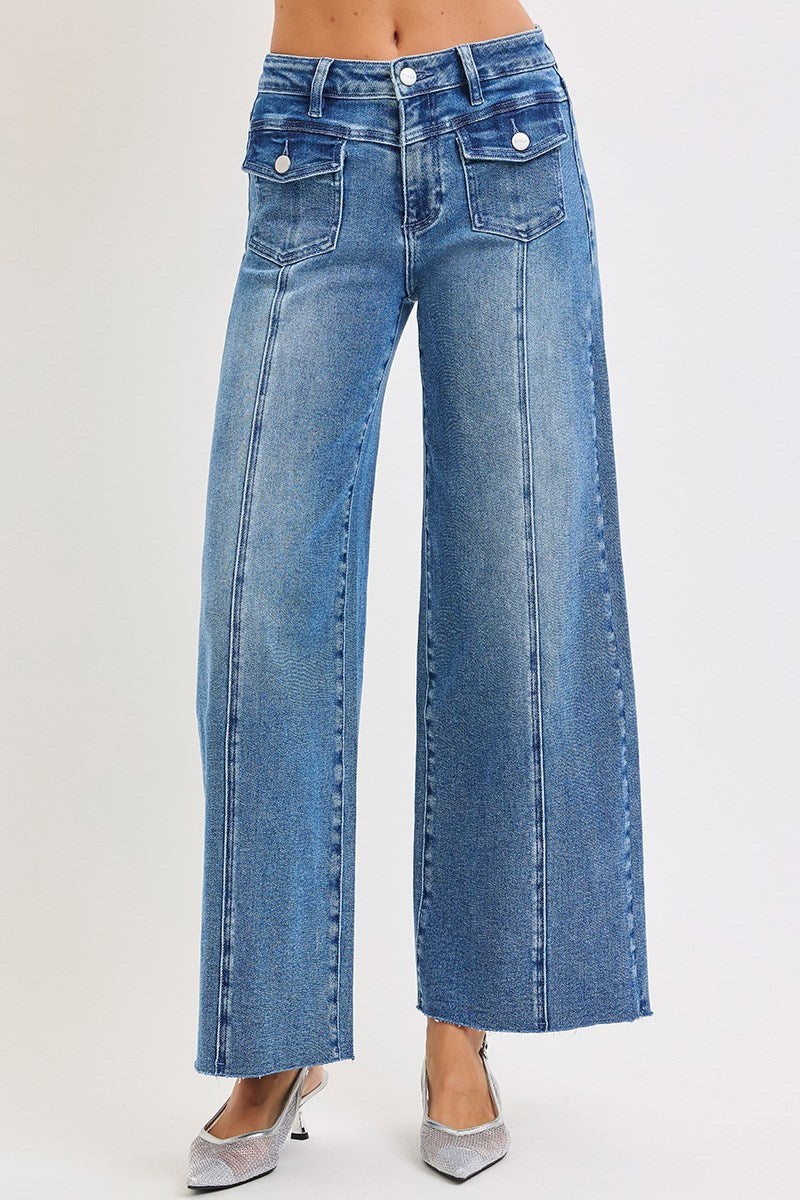 HIGH RISE ANKLE WIDE JEANS WITH FRONT FLAP PATCH POCKET