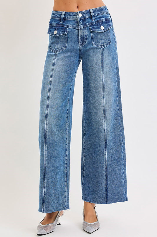 High Rise Ankle Wide Jeans with Front Flap Patch Pocket
