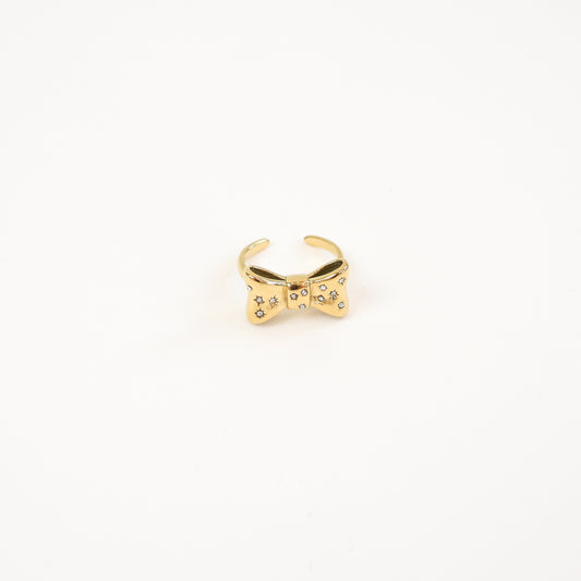 Elegant Pavé Bow Ring with gold-plated finish and sparkling cubic zirconia accents, featuring a delicate and feminine bow design, perfect for any occasion