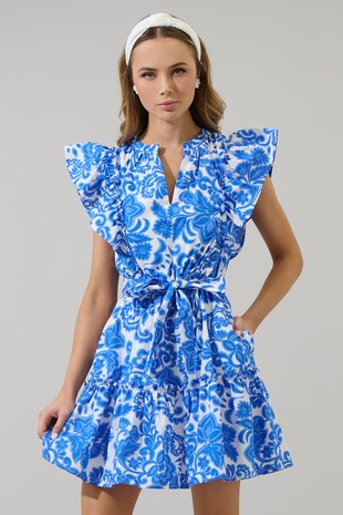 A blue and white floral-print dress with flutter sleeves, a split neckline, a self-tie waist, and a tiered ruffle skirt, designed for a feminine and sophisticated look.