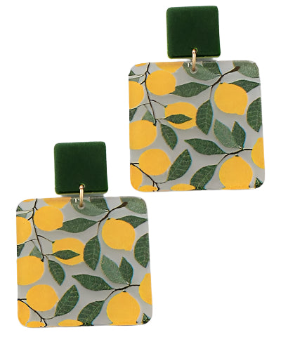 Printed Lemon & Leaves Acrylic Earrings
