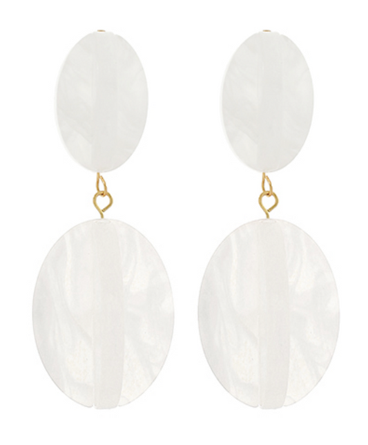 Pair of elegant white and translucent white double-circle drop earrings with gold-toned connecting links.