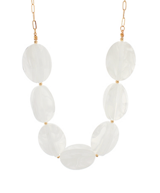 Short, chunky statement necklace featuring large, smooth, translucent white beads strung together.