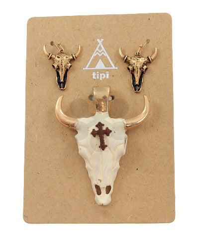 Western bull skull pendant and matching earrings with copper horns and cross detail 
