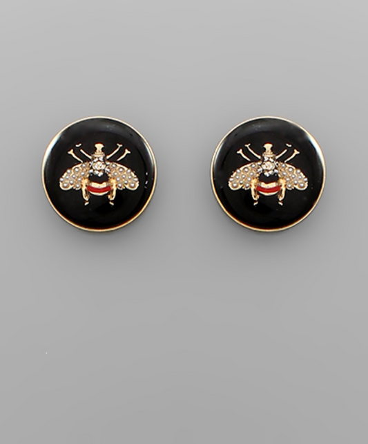 Queen Bee Stud Earrings with Crystal Accents on a Black Enamel Base