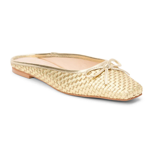 Chic and effortless, these gold woven leather mules bring timeless elegance with a modern twist.
