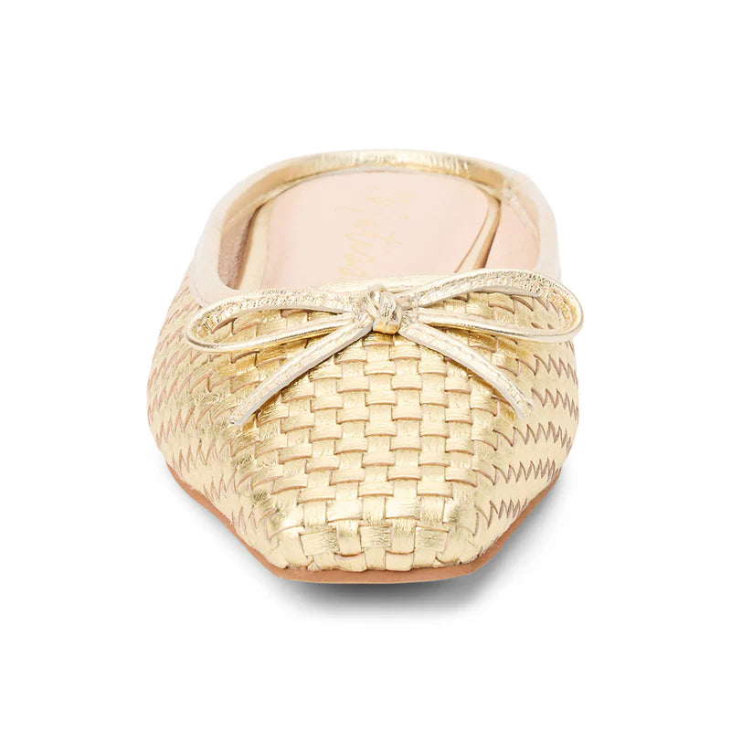 Chic and effortless, these gold woven leather mules bring timeless elegance with a modern twist.