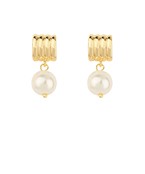 Gold-plated ribbed stud earrings with a delicate pearl drop, designed for a sophisticated and elegant statement