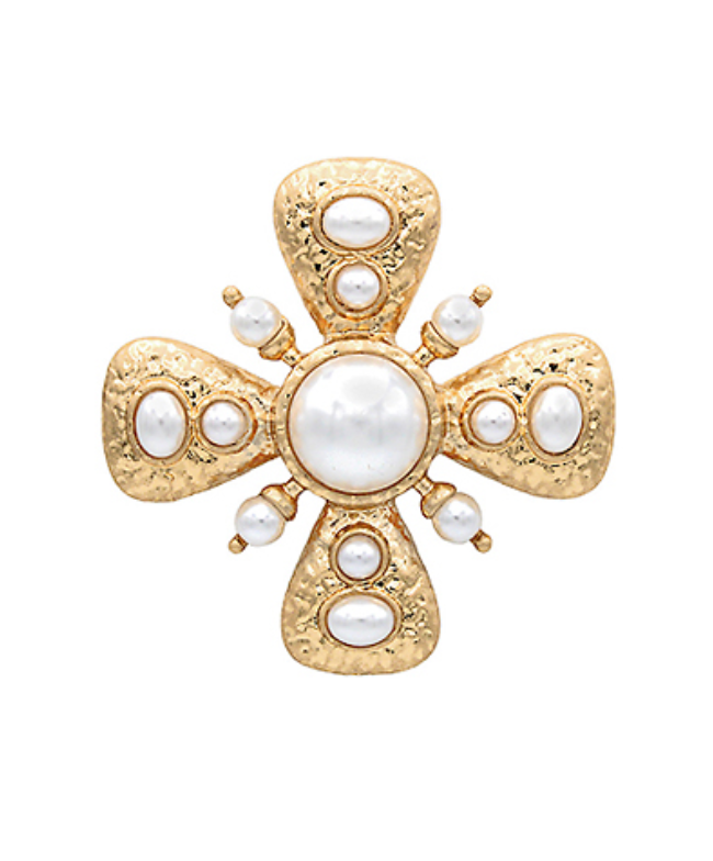  Renaissance Radiance Pearl Cross Brooch featuring textured gold and luminous faux pearls.