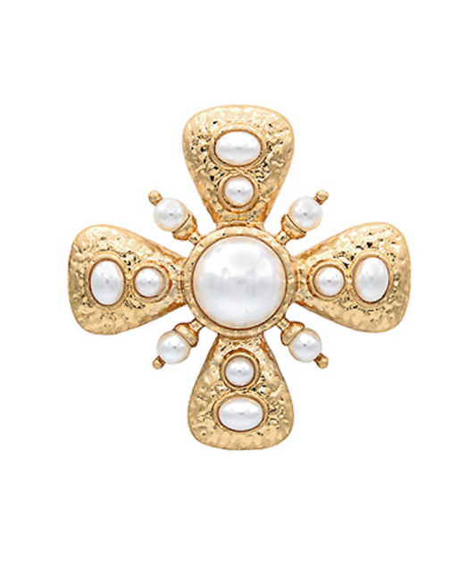  Renaissance Radiance Pearl Cross Brooch featuring textured gold and luminous faux pearls.
