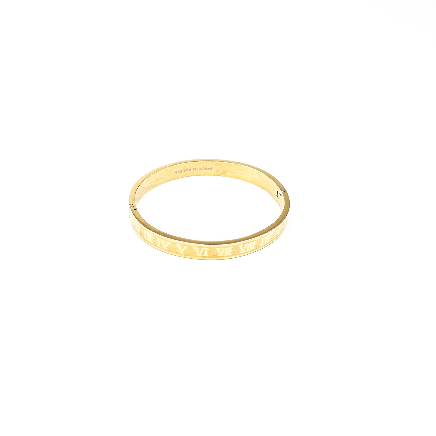 Gold-tone Roman numeral engraved bangle bracelet with a sleek, timeless design, made of stainless steel.