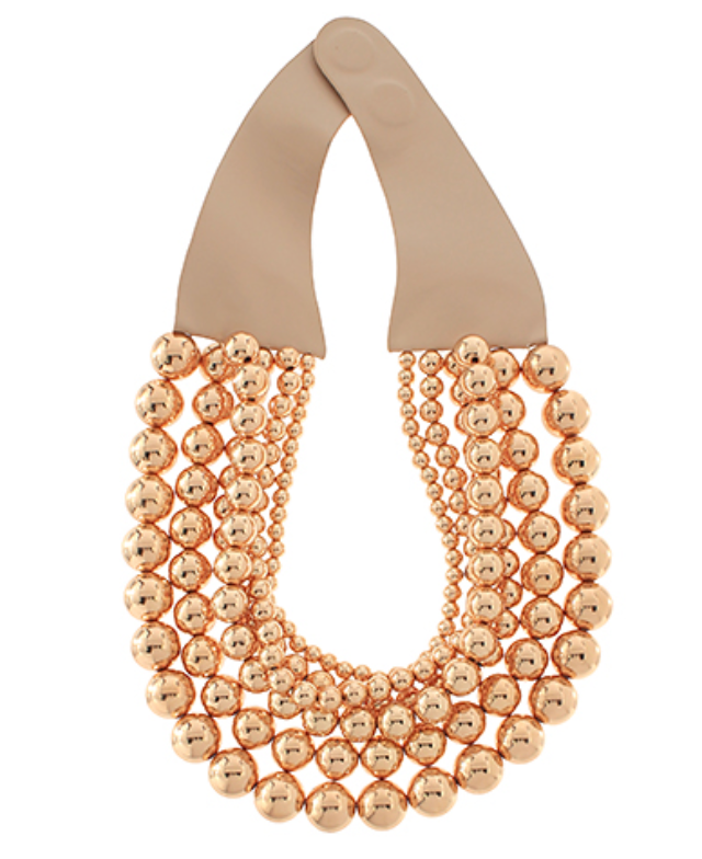 A visually striking necklace composed of multiple strands of polished, rose gold-toned spherical beads, varying slightly in size, creating a rich, cascading effect. The strands are gathered at the top by a wide, smooth, rose gold-toned band that forms part of the necklace.