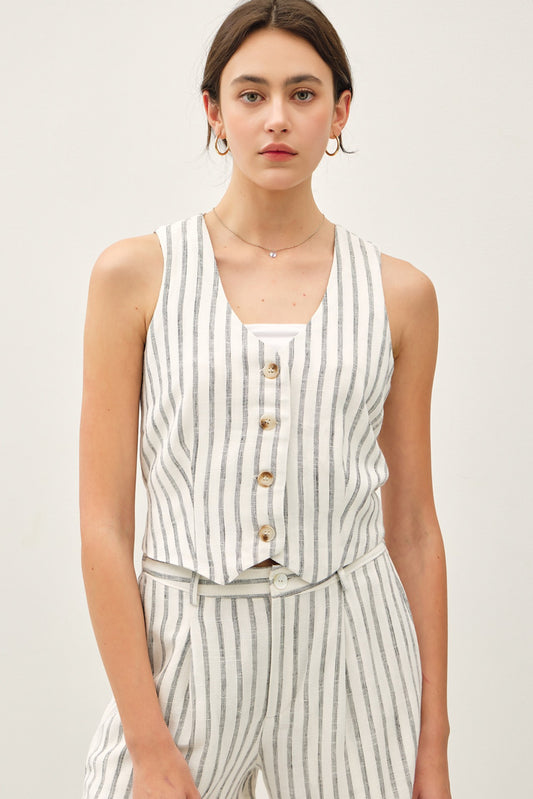 STRIPED V-NECK BUTTON UP VEST