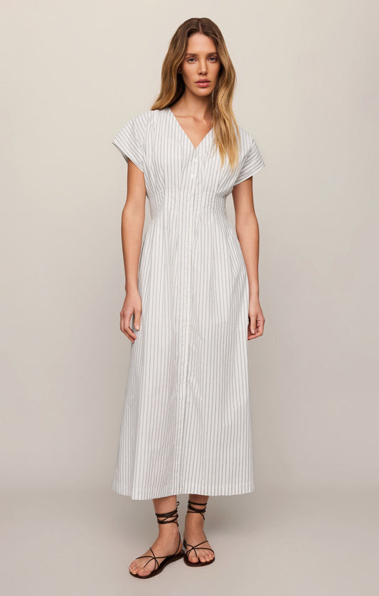 A classic cotton poplin midi dress featuring a flattering V-neckline, button front, and timeless striped design