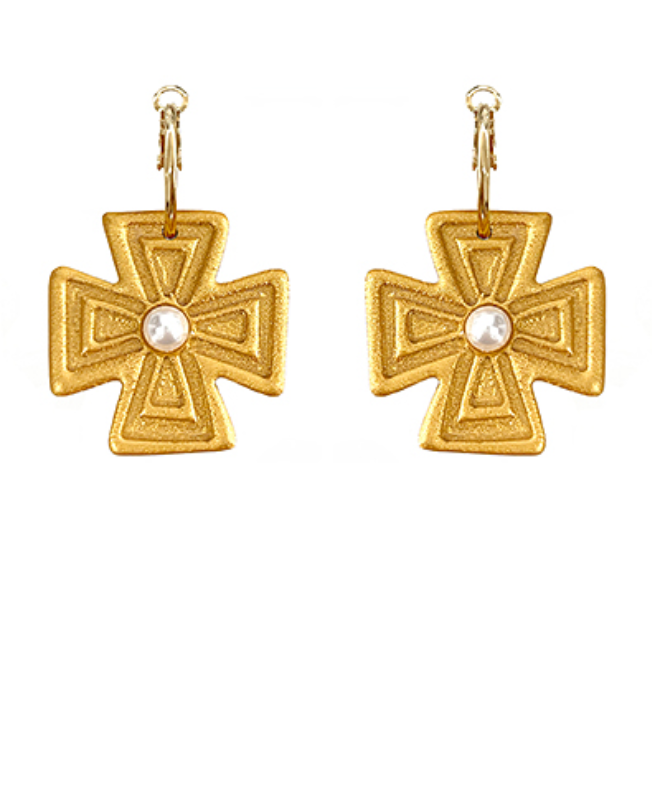 Golden Radiance Cross Pearl Earrings