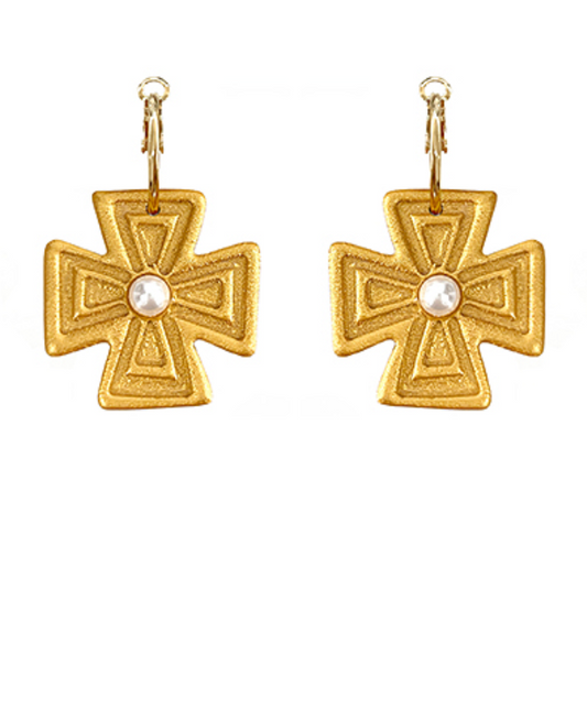 Golden Radiance Cross Pearl Earrings