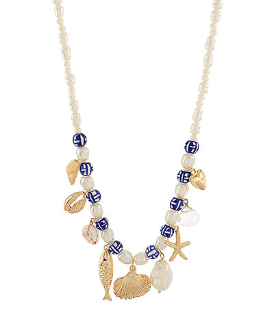 Sealife Pearl & Ceramic Charm Necklace