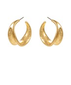 Gold split hoop earrings with a sculptural, modern design on a white background