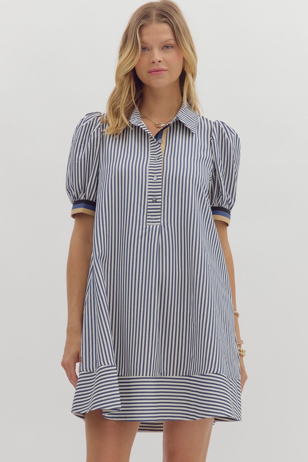 Short puff sleeve swing dress with multicolor ribbed accents and collar button closure.