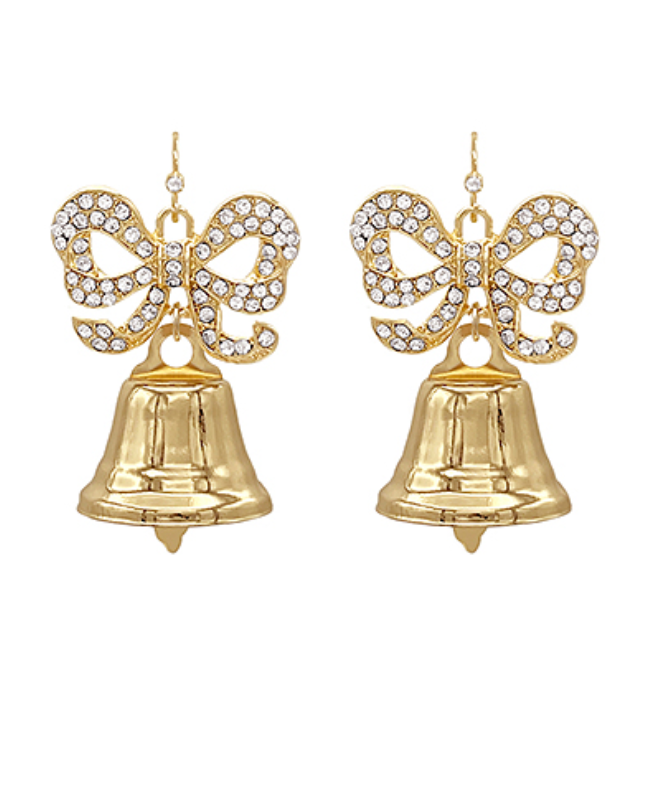 Gold bell earrings with sparkling crystal-encrusted bow accents. Perfect for festive occasions and adding a touch of elegance to your look.