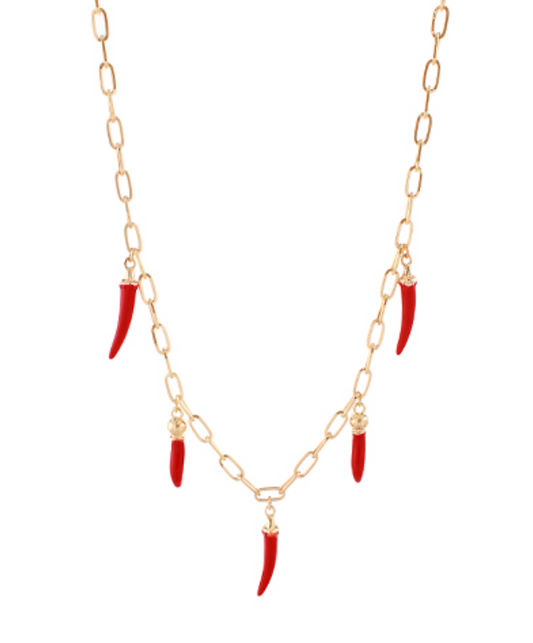 Spicy Five Pepper Charm Necklace featuring five red chili pepper charms on a gold link chain.