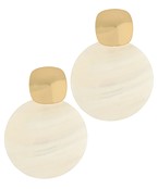 Pair of modern earrings featuring gold-tone square studs with round shell-like dangles, combining geometric and coastal styles for a chic, minimalist look.