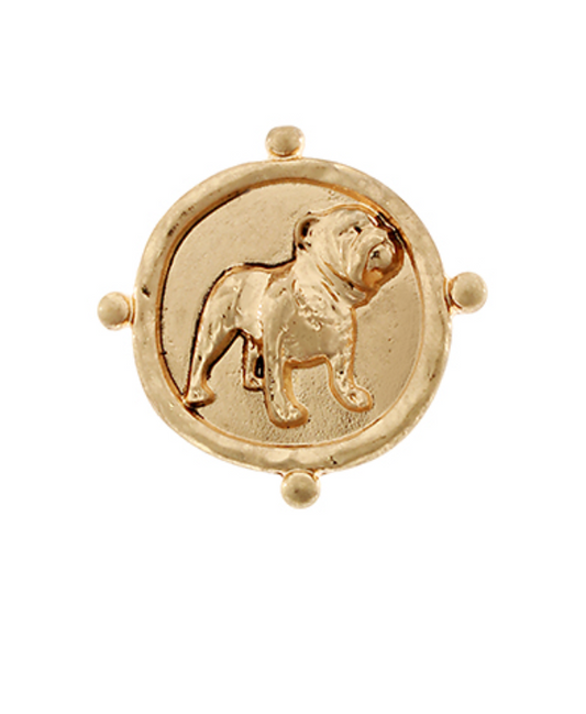 A beautifully crafted antique gold-tone bulldog brooch, featuring a detailed and elegant design that captures the strength and charm of the beloved breed.
