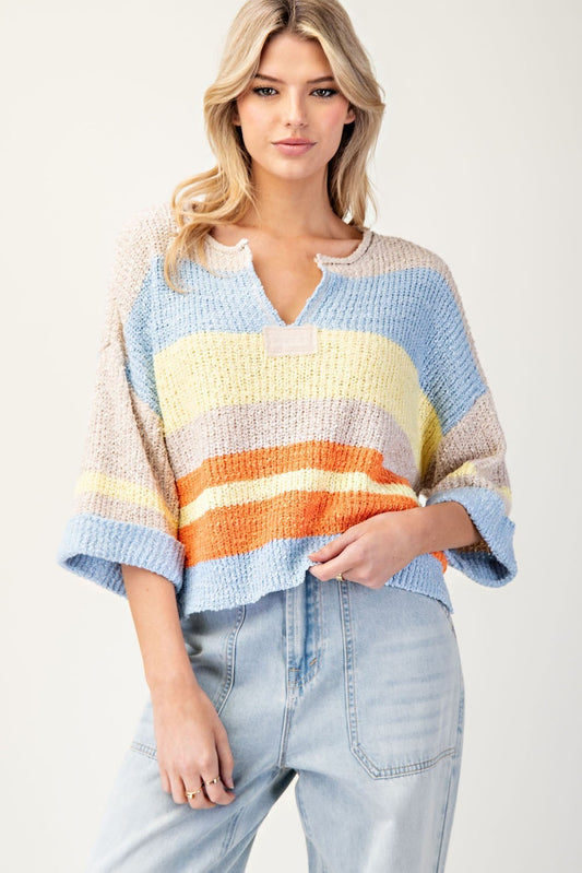 Striped Notched Collar Top