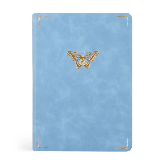 Bethany Study Bible with sky-blue vegan leather cover, gold butterfly design, and gold corner detailing
