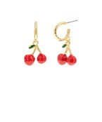 Gold mini hoop earrings featuring dangling red enamel cherry charms with green leaf accents, designed for a playful and stylish look